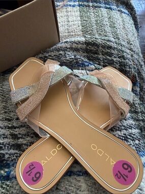 ALDO Beige Nude Slide Sandals with Sparkling Cross Straps